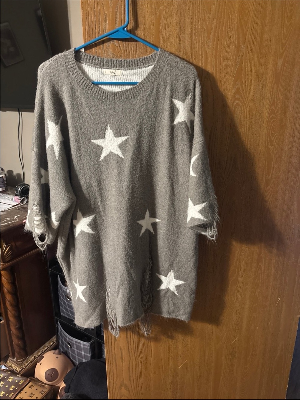 easel Gray Star & Moon Fringe Knit Poncho